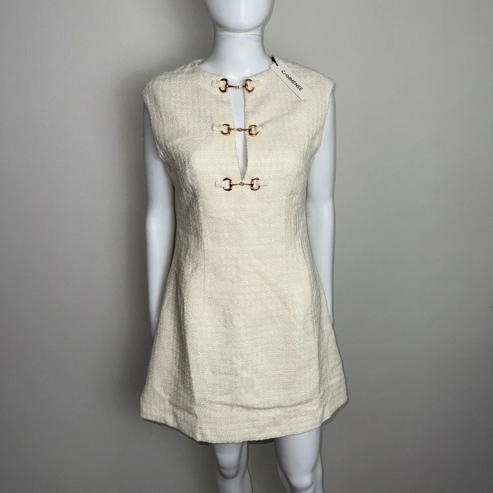 Commense Tweed Mini Dress Sleeveless Gold Buckle Detail Ivory Party Cocktail M‎ - Picture 7 of 17